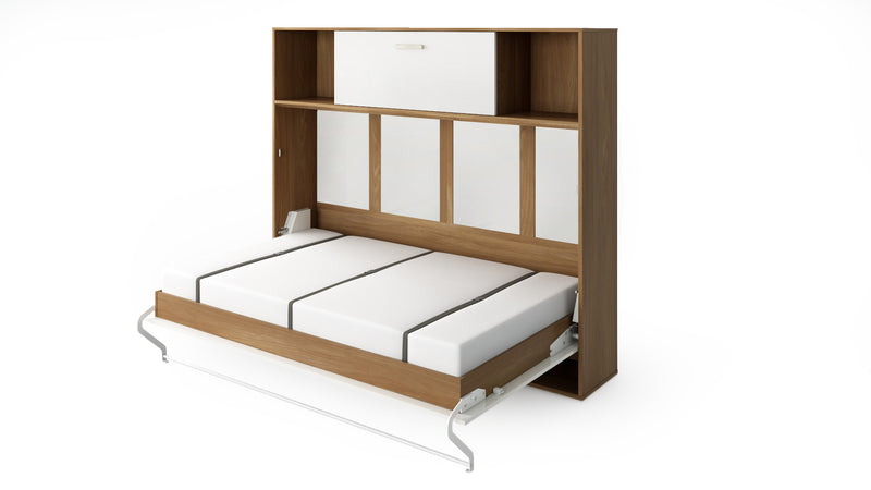 Horizontal Murphy Bed Invento, European Full Size with a cabinet on top, mattress included