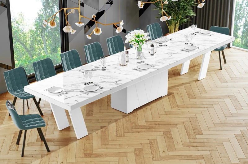 Dining Set ALETA 11 pcs. modern glossy marble/ white Dining Table with 4 self-starting leaves plus 10 chairs