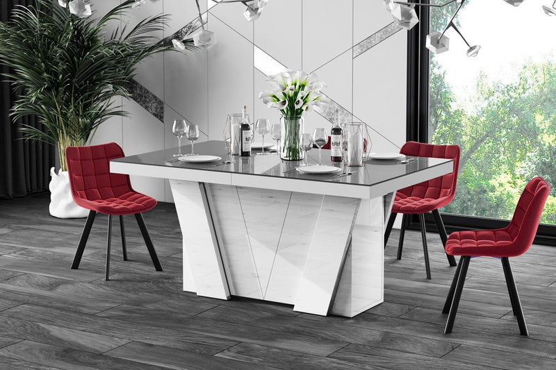 Dining Set ALETA 11 pcs. modern glossy gray/ white Dining Table with 4 self-starting leaves plus 10 chairs