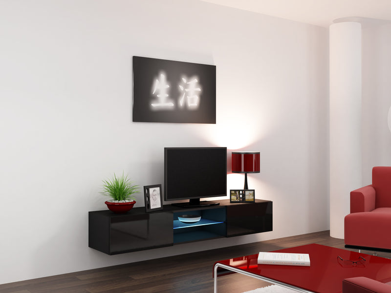 Modern floating 71" long TV Stand VIGO Glass with LED