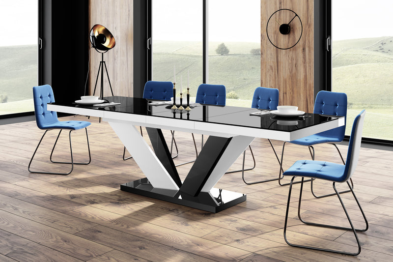 Dining Set AVIVA 7 pcs. modern glossy Dining Table with 2 self-starting leaves plus 6 chairs
