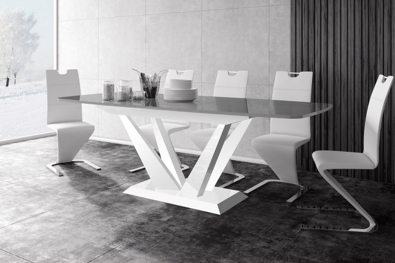Dining Set FETO 7 pcs. modern glossy Dining Table with 2 self-starting leaves plus 6 chairs