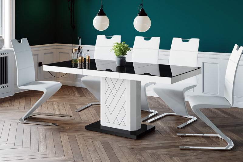 Dining Set IVA 7 pcs. modern white glossy Dining Table with 1self-starting leaf plus 6 chairs