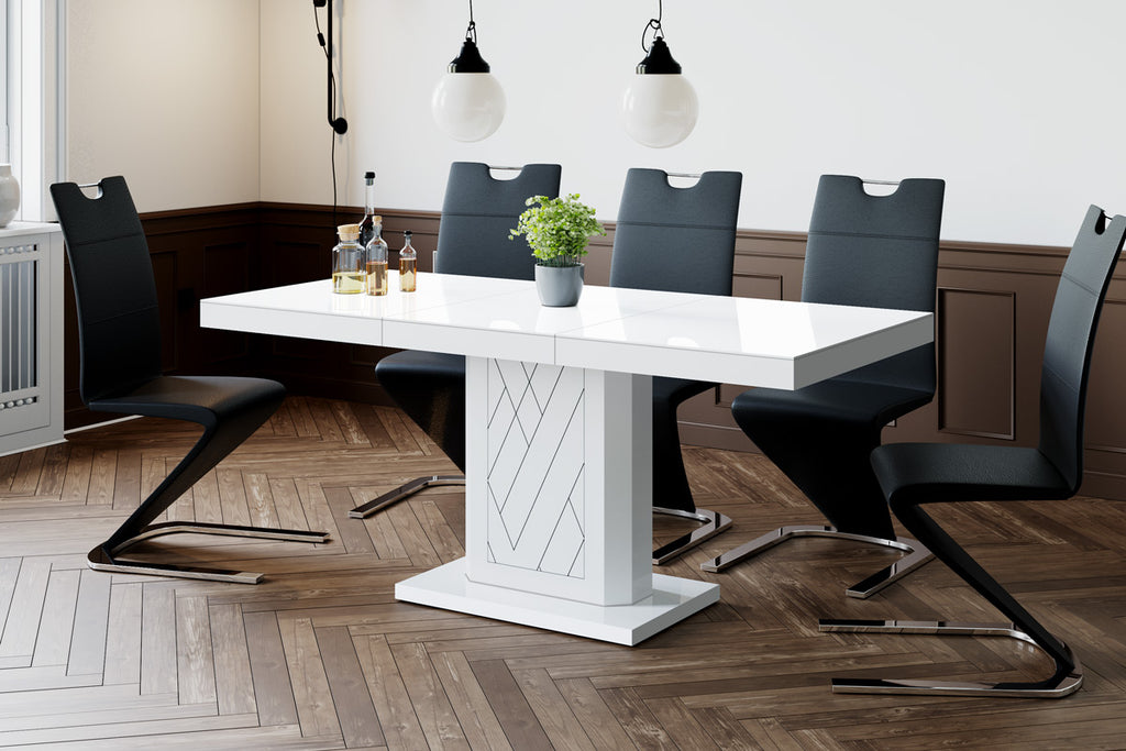 Dining Set IVA 7 pcs. modern white glossy Dining Table with 1self-starting leaf plus 6 chairs