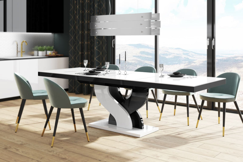 Modern glossy Dining Table BELLA with 2 self-starting leaves